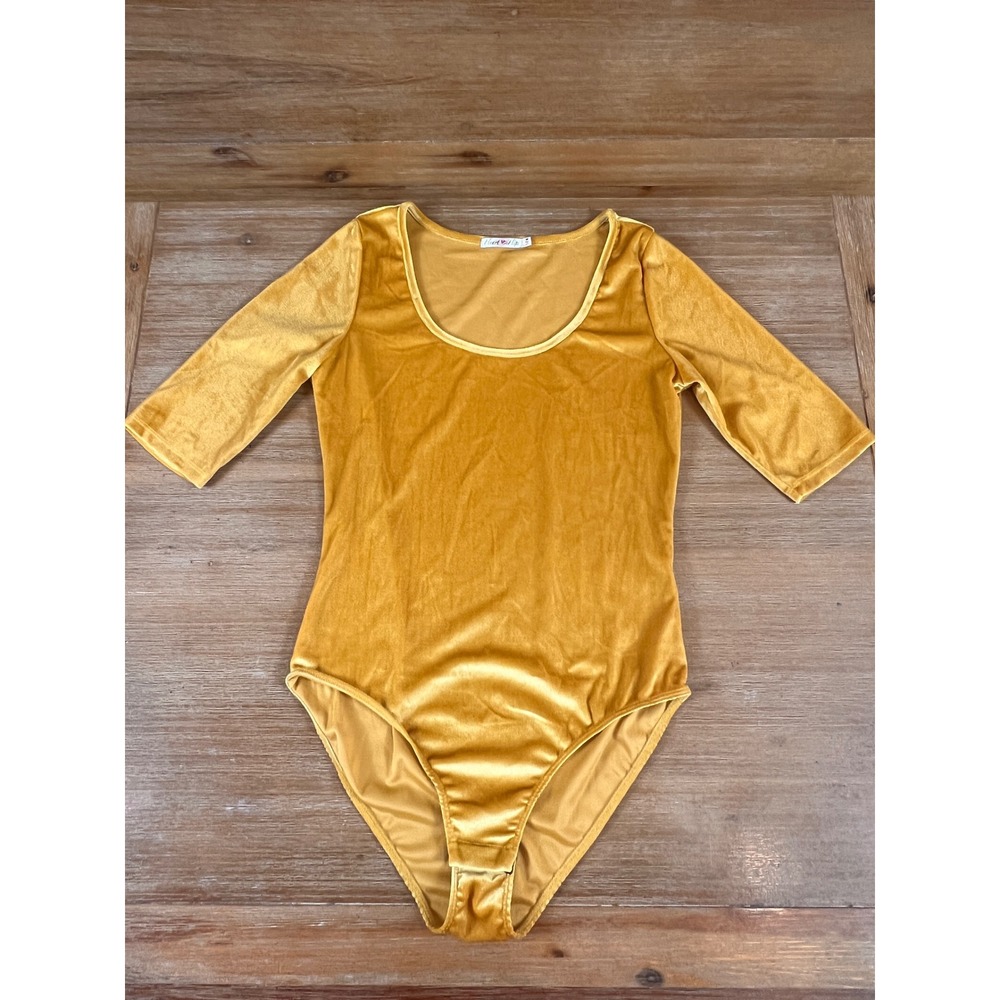 Heart Hips Womens Mustard Yellow Velvet Bodysuit Elbow Sleeve VT14501A Size M